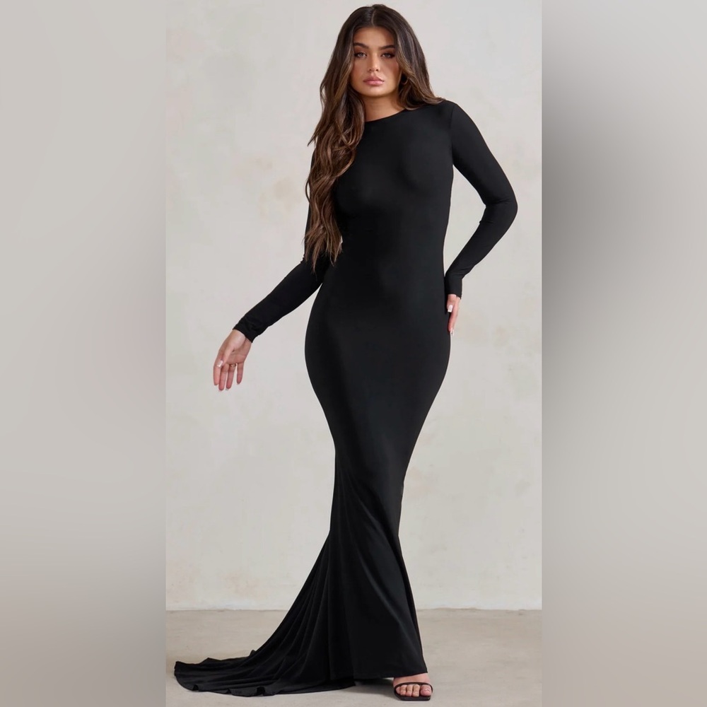 Long Sleeve Black Maxi Dress with Tail